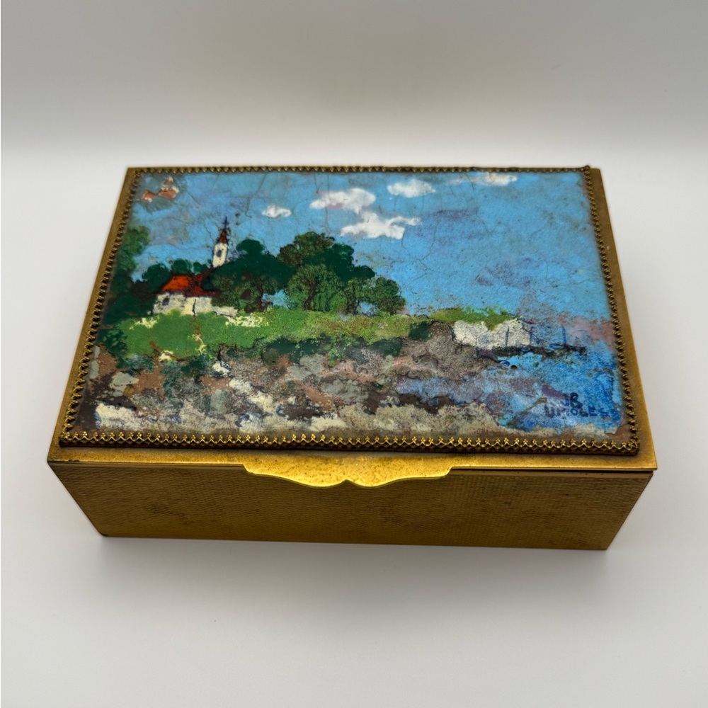 Charming Gold Art Box with Scenic Painting